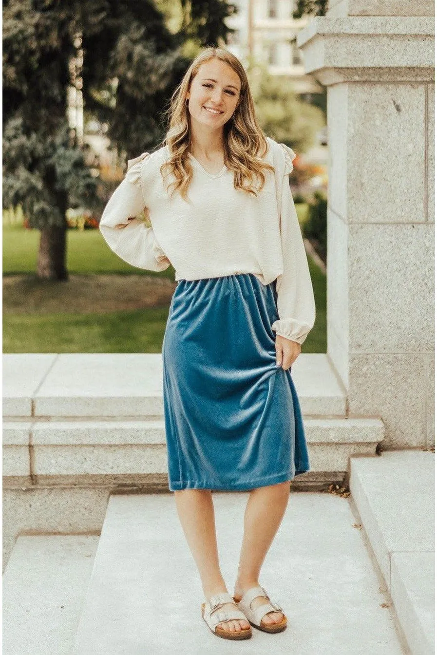 Twist Knot Details Carrie Stretch Velvet Skirt Azure