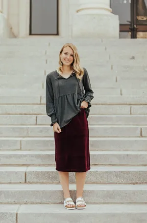 Carrie Stretch Velvet Skirt Burgundy Sustainable Fabric Fresh Aesthetic
