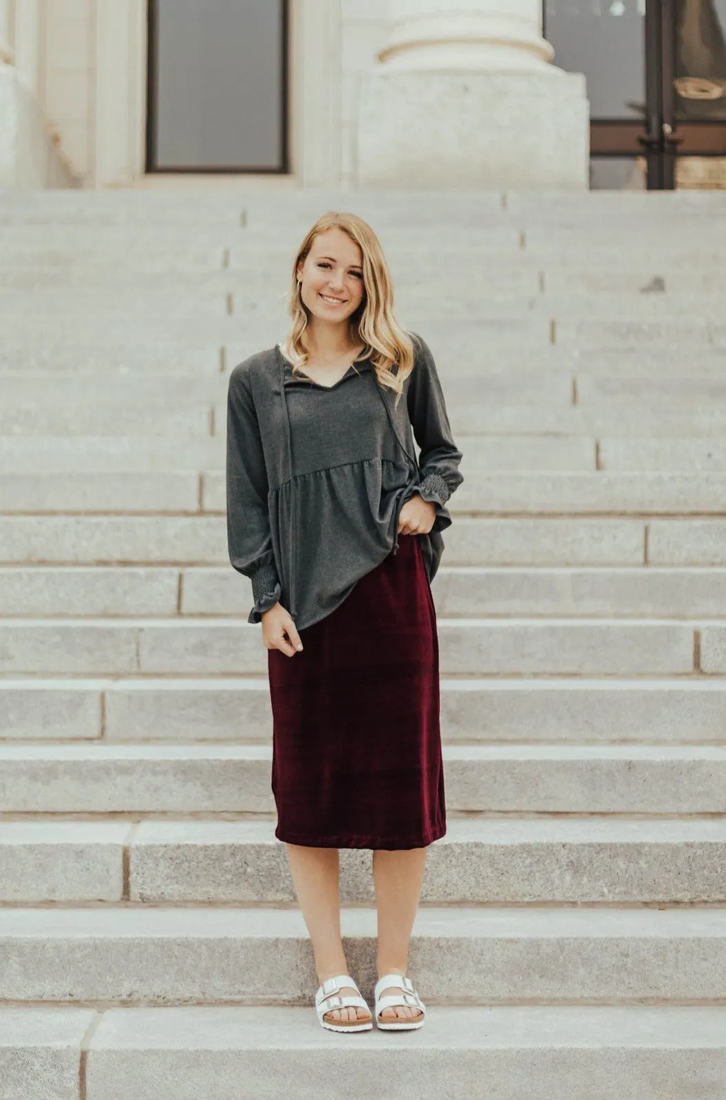 Carrie Stretch Velvet Skirt Burgundy Sustainable Fabric Fresh Aesthetic