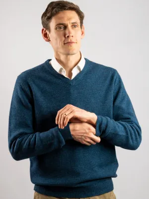 Cashmere and Merino V-Neck Jumper | Ocean Blue