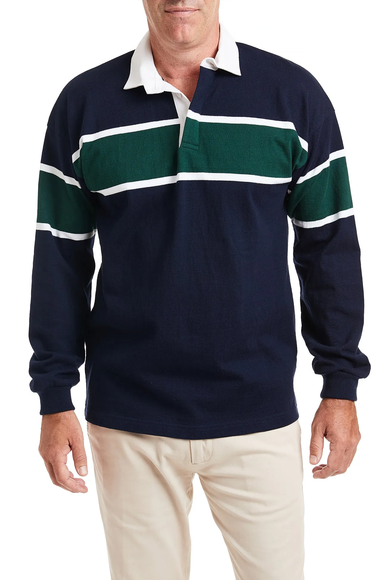 Stretchable Blend Castaway Rugby Shirt Navy & Green Team Stripe