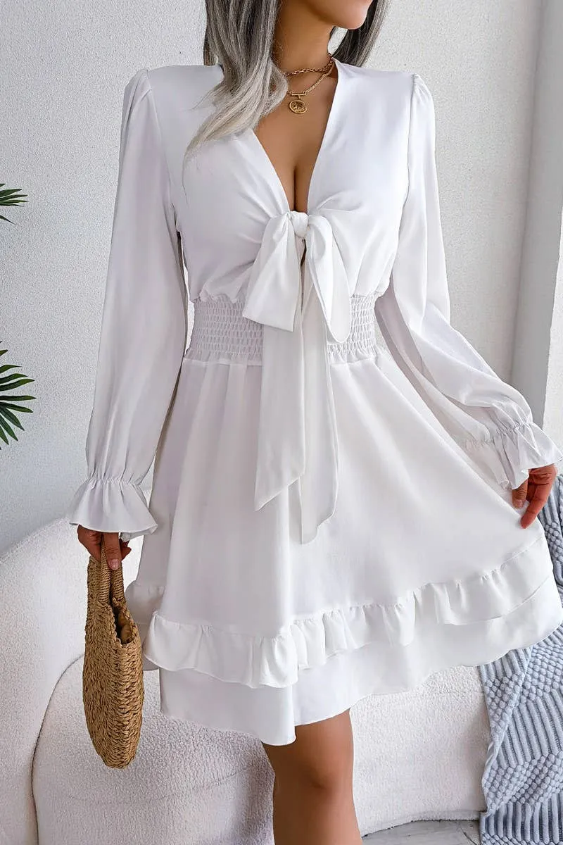 Korean Mood CASUAL DEEP V TIE UP WOODEN EAR SIDE SWING DRESS_CWDSD3014