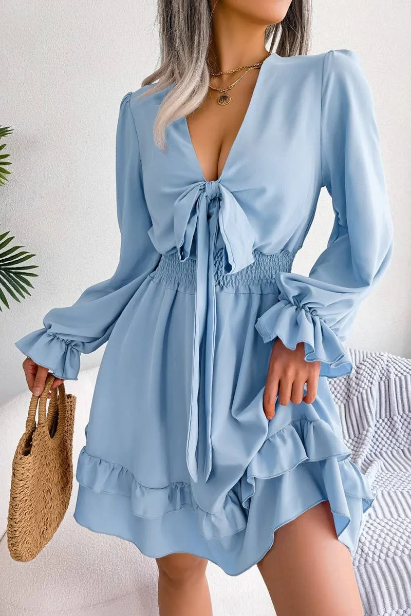 CASUAL DEEP V TIE UP WOODEN EAR SIDE SWING DRESS_CWDSD3014 Style Blend Knot-Detail