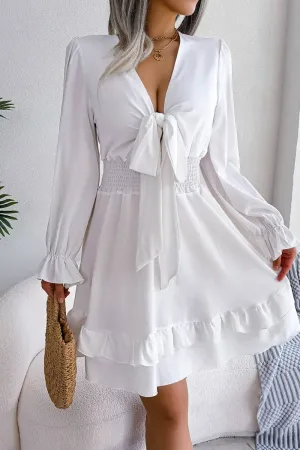 Korean Mood CASUAL DEEP V TIE UP WOODEN EAR SIDE SWING DRESS_CWDSD3014
