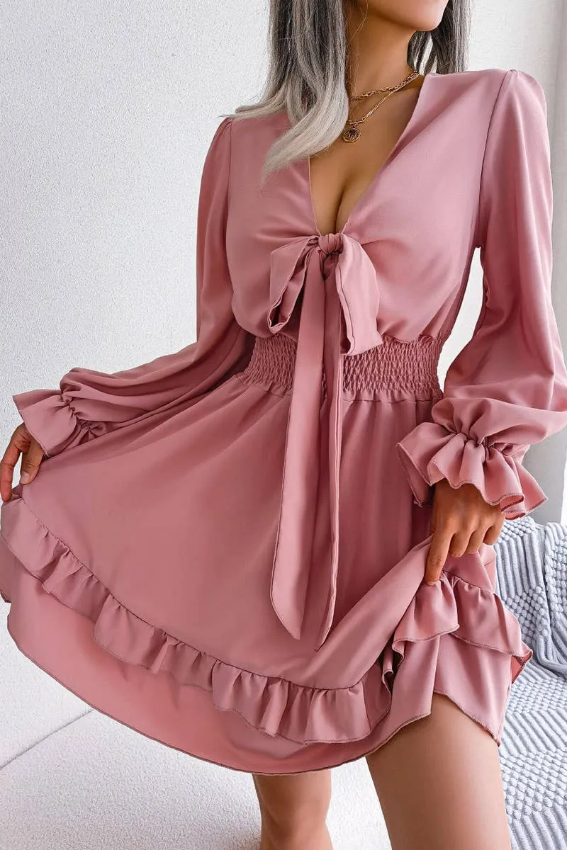Fast Chic Flowy summer gown CASUAL DEEP V TIE UP WOODEN EAR SIDE SWING DRESS_CWDSD3014