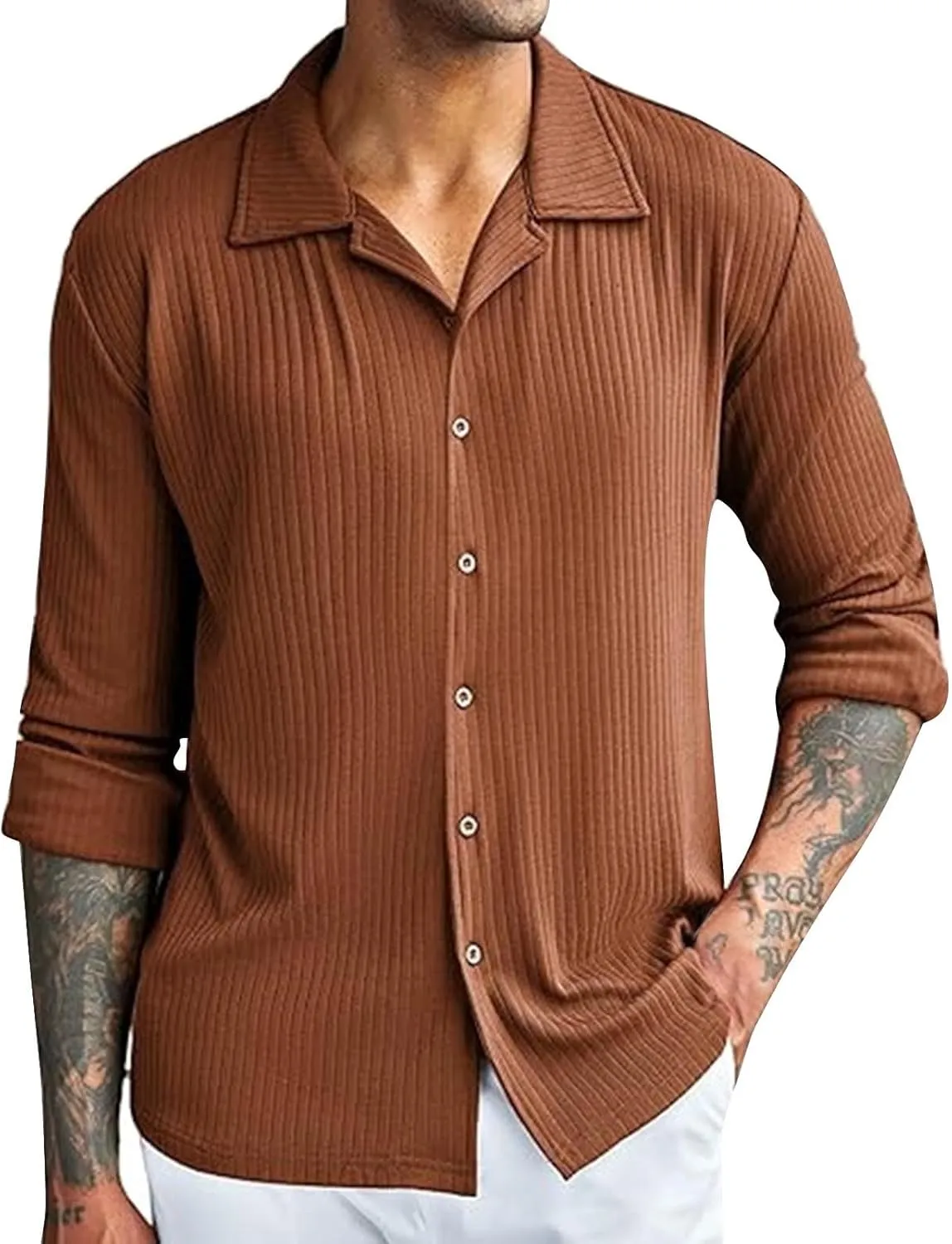 Casual Dress Shirts for Men Striped Shirts Ribbed Knit Textured Button Down Shirts Athletic Fit Long Sleeve