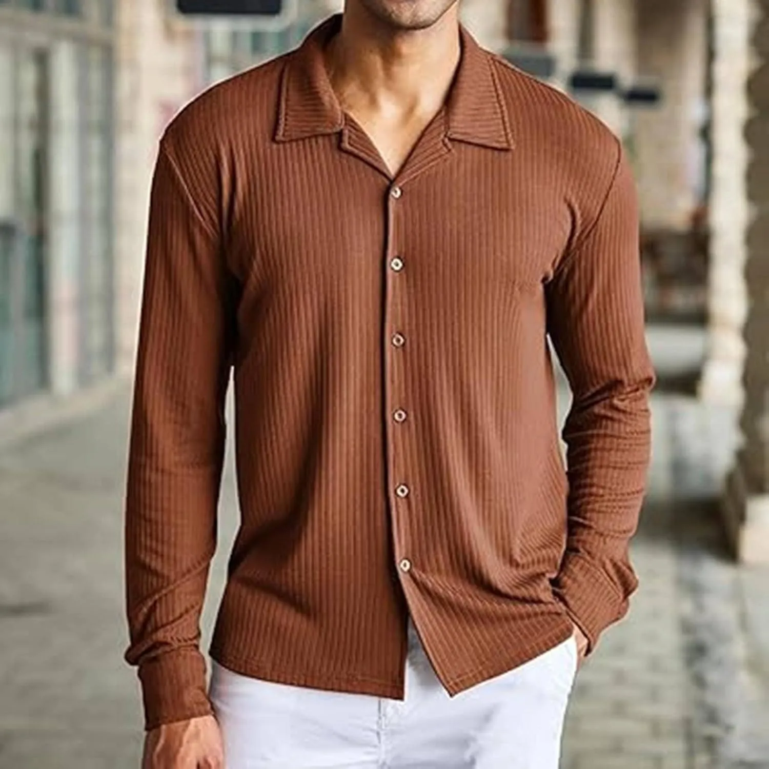 Casual Dress Shirts for Men Striped Shirts Ribbed Knit Textured Button Down Shirts Athletic Fit Long Sleeve