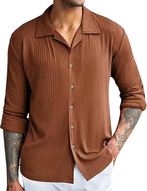 Casual Dress Shirts for Men Striped Shirts Ribbed Knit Textured Button Down Shirts Athletic Fit Long Sleeve