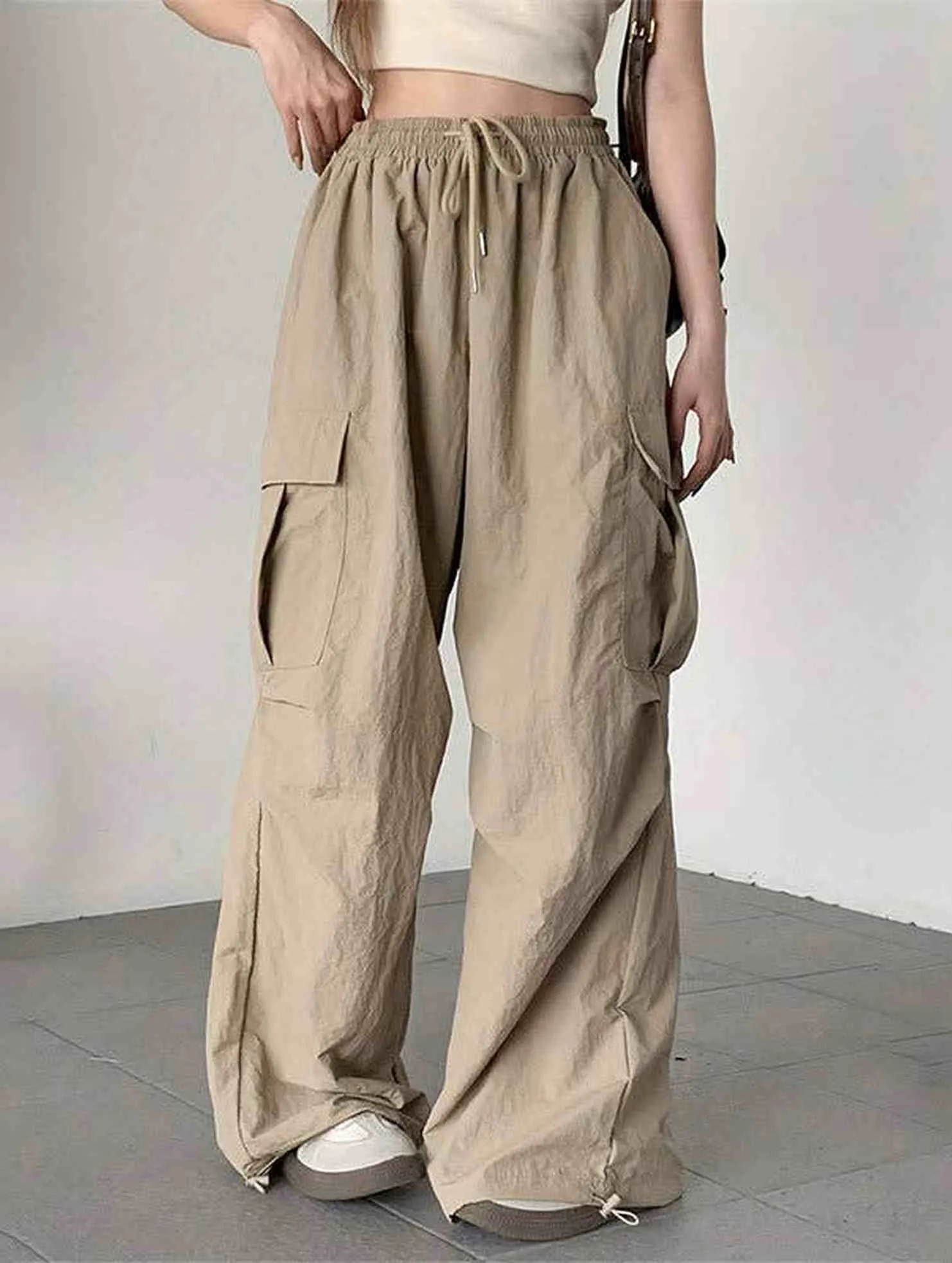 WindResistantMaterial CASUAL ELASTIC WAIST WIDE LEG STRAIGHT LEG PANTS_CWBLP0768