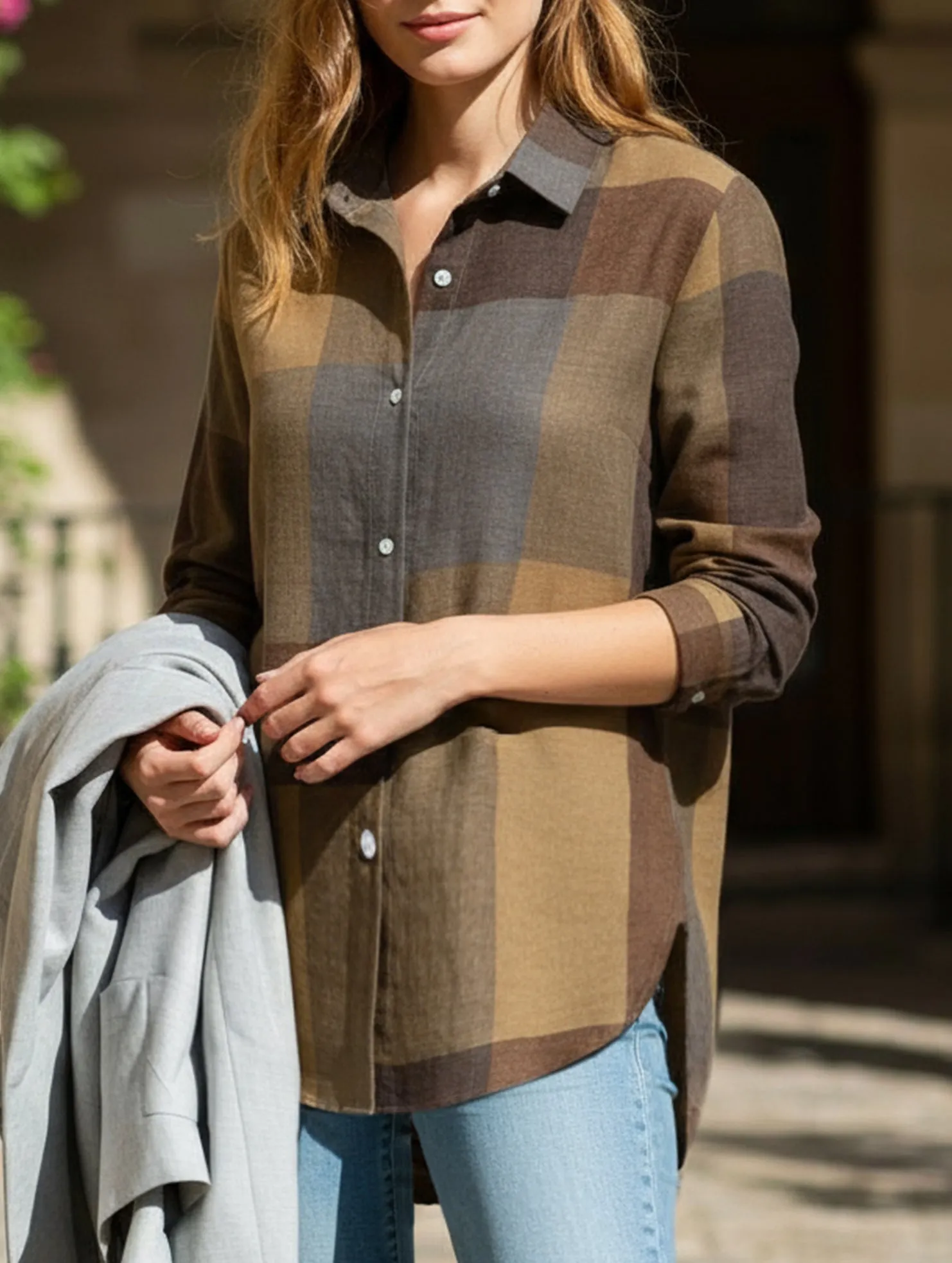 Wrinkle Resistant Casual long-sleeved plaid irregular shirt