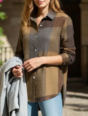Casual long-sleeved plaid irregular shirt Easy Care Material Everyday Look