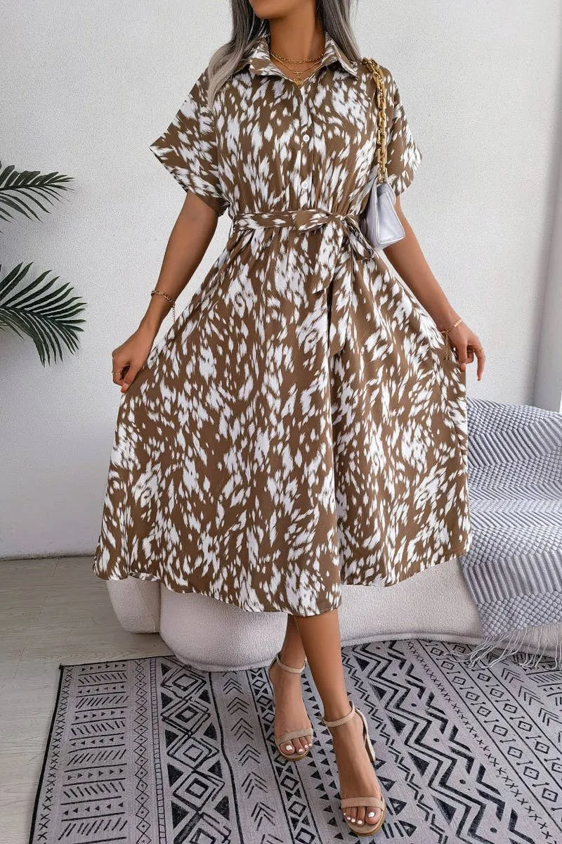 CASUAL LOOSE LEOPARD PRINT LACE UP SHIRT DRESS_CWDSD2530 Smooth silhouette Subtle Charm