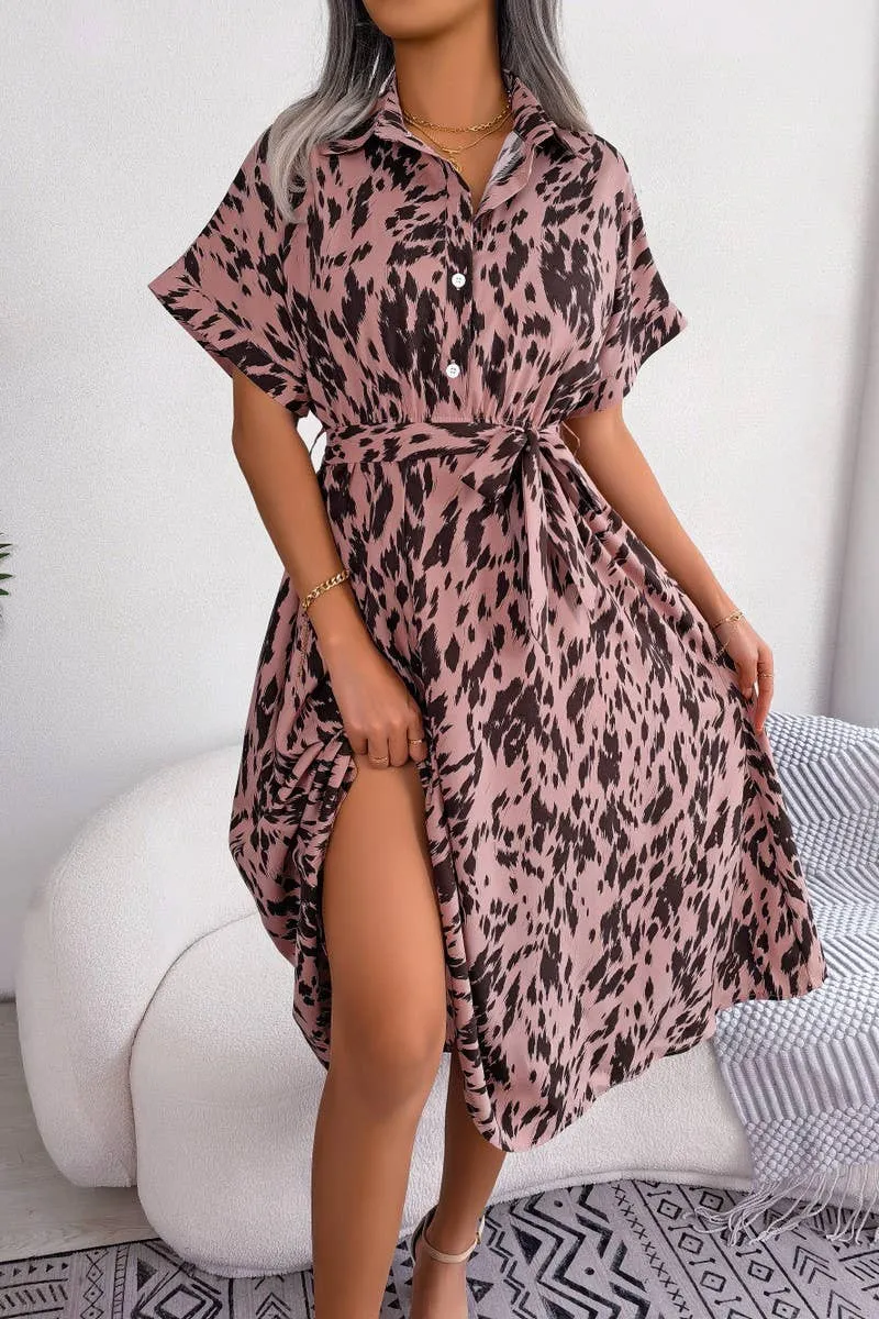 CASUAL LOOSE LEOPARD PRINT LACE UP SHIRT DRESS_CWDSD2530 Lounge Outfit