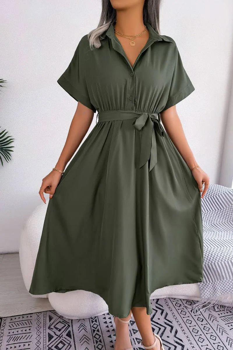 Guest Shine Contemporary Vibe CASUAL LOOSE SOLID COLOR LACE UP SHIRT LONG DRESS_CWDSD2508