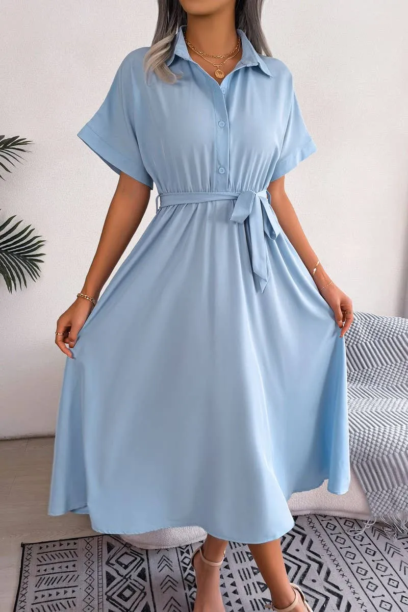CASUAL LOOSE SOLID COLOR LACE UP SHIRT LONG DRESS_CWDSD2508 and Effortless fit dress. Timeless Waist