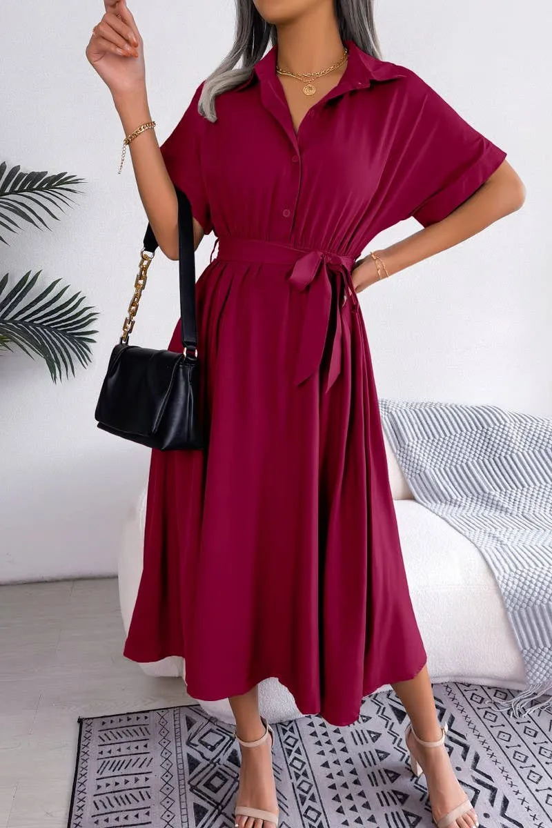 CASUAL LOOSE SOLID COLOR LACE UP SHIRT LONG DRESS_CWDSD2508 loose silhouette Layered Movement