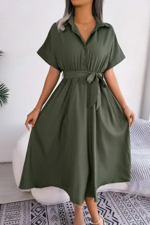 Guest Shine Contemporary Vibe CASUAL LOOSE SOLID COLOR LACE UP SHIRT LONG DRESS_CWDSD2508