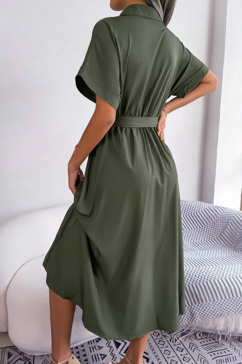 CASUAL LOOSE SOLID COLOR LACE UP SHIRT LONG DRESS_CWDSD2508 Soft and Chic