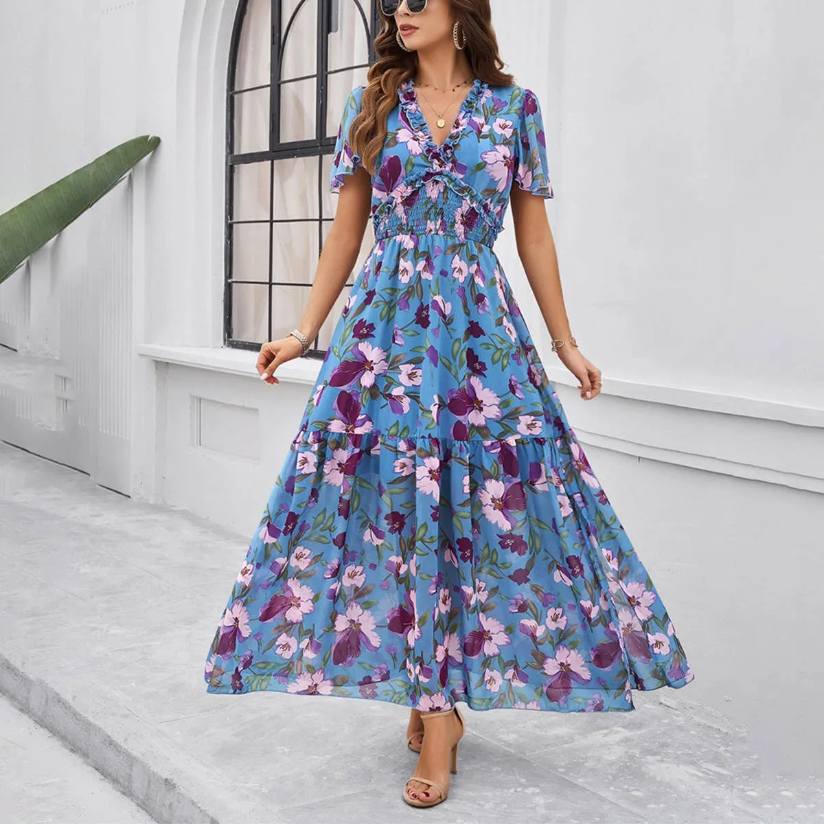 Gemstone-Detail Relax Mode CASUAL PRINT DRESS WITH WAIST_CWDMD1914