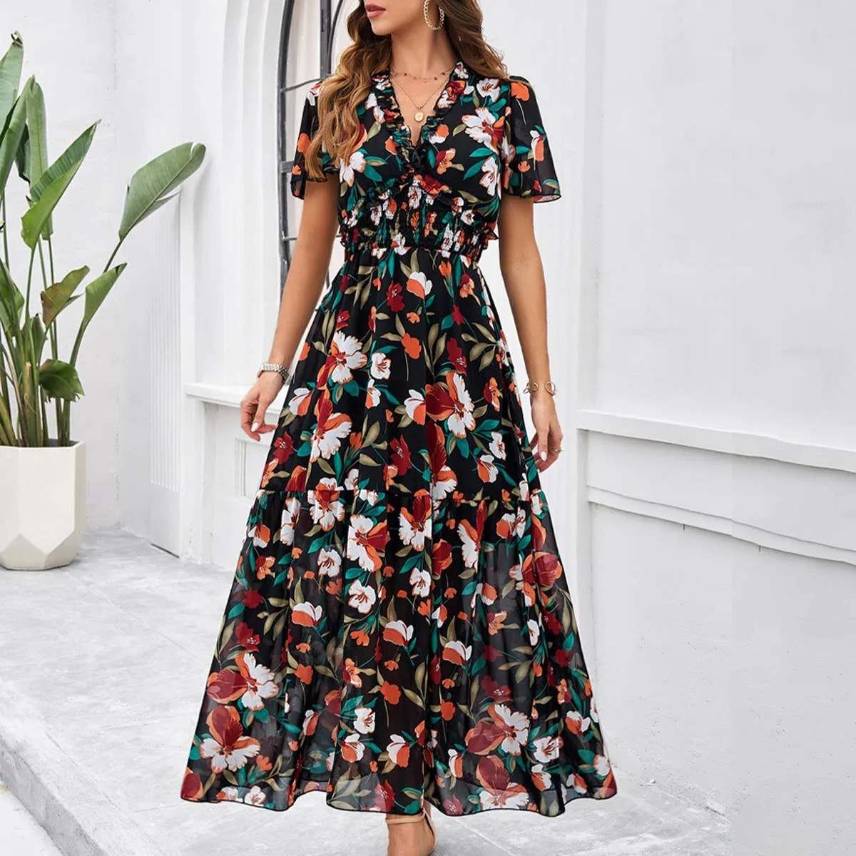 Boxy-Style Bold Look CASUAL PRINT DRESS WITH WAIST_CWDMD1953