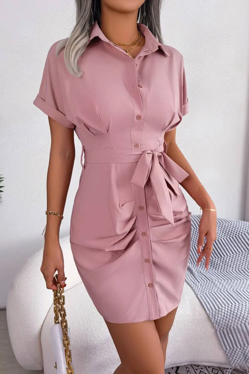 CASUAL SOLID COLOR BAT SLEEVE WAIST SHIRT DRESS_CWDSD2522 Versatile Piece Vibe Choice