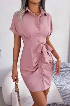 CASUAL SOLID COLOR BAT SLEEVE WAIST SHIRT DRESS_CWDSD2522 Tailored Elegance Fine Texture