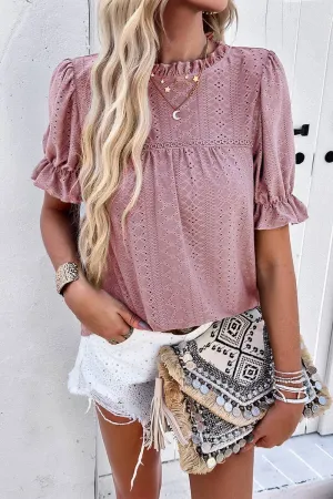 CASUAL SOLID COLOR SHORT SLEEVED CUT OUT TOP_CWTSTS0317 Flexible Ribbing