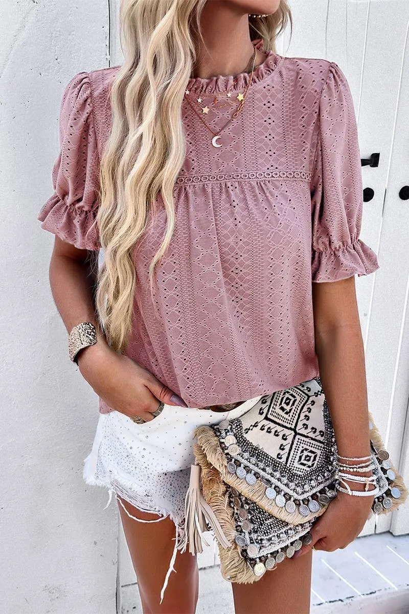 CASUAL SOLID COLOR SHORT SLEEVED CUT OUT TOP_CWTSTS0317 Flexible Ribbing