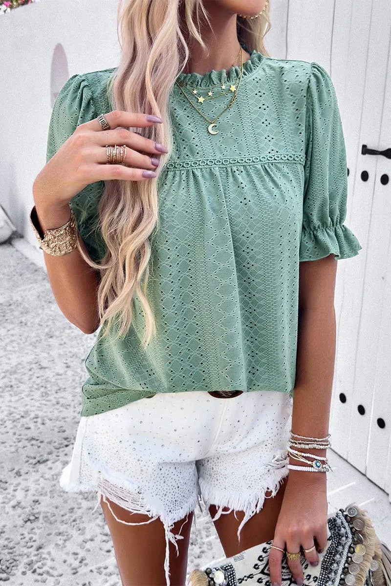 CASUAL SOLID COLOR SHORT SLEEVED CUT OUT TOP_CWTSTS0317 HighStrength Threadwork Layered Neckline Details