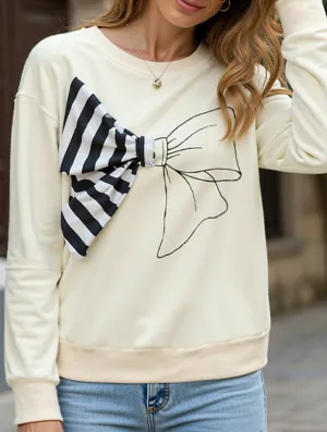CompressionSupportWeave Moisture Wicking Material Casual striped bow crew neck pullover sweatshirt
