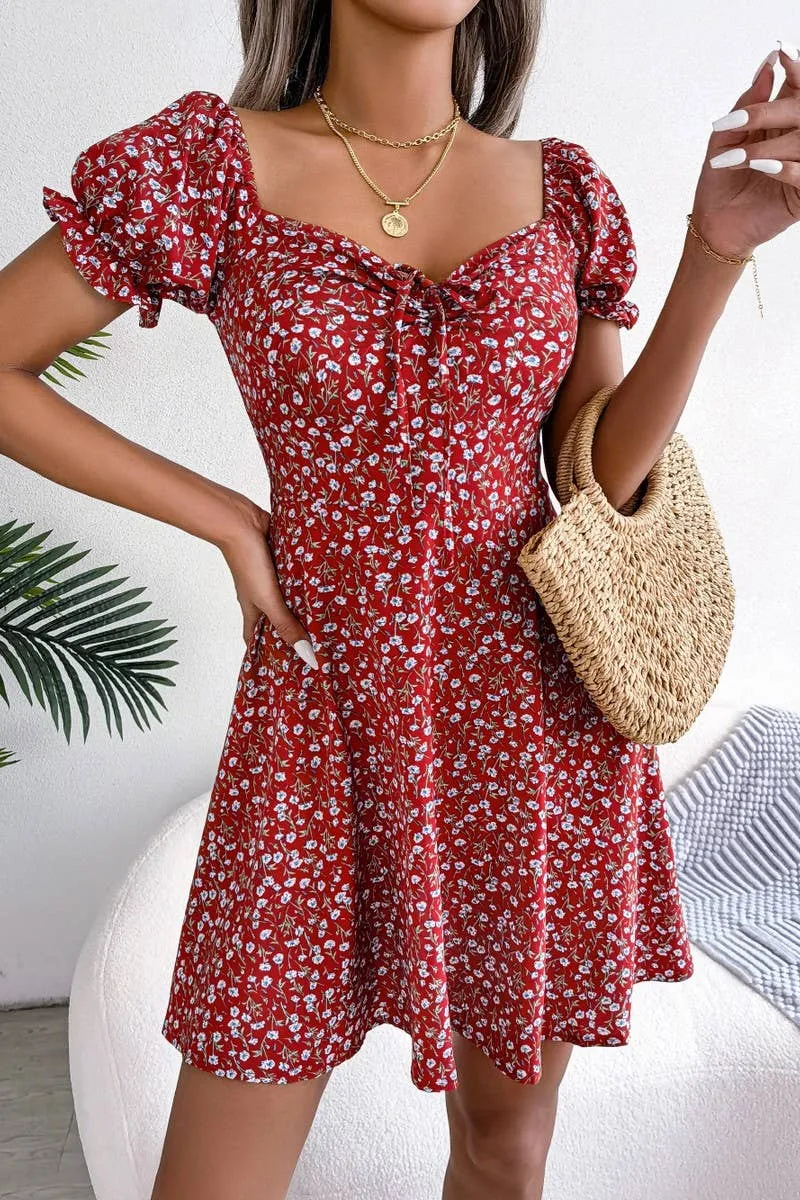 CASUAL TRUMPET SLEEVE DRAWSTRING FLORAL DRESS_CWDSD2555 Cap-Sleeve Photo Bright