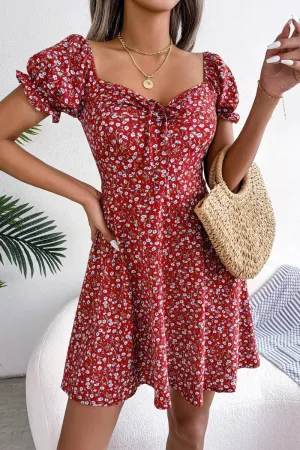 CASUAL TRUMPET SLEEVE DRAWSTRING FLORAL DRESS_CWDSD2555 Cap-Sleeve Photo Bright