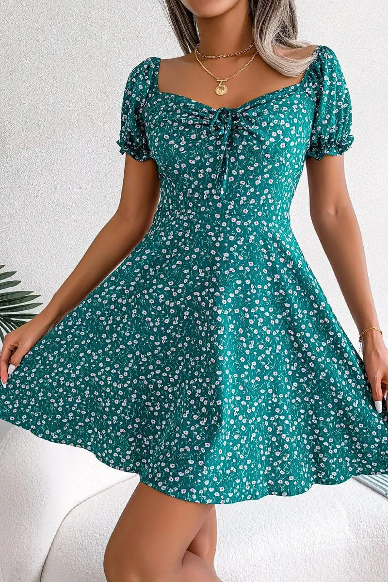 CASUAL TRUMPET SLEEVE DRAWSTRING FLORAL DRESS_CWDSD2555 Street Elegance
