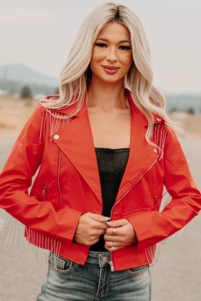 Poised Progress Rhinestone Fringe Signature 8 Moto Jacket (Red) color - coordinating Neutral Layer