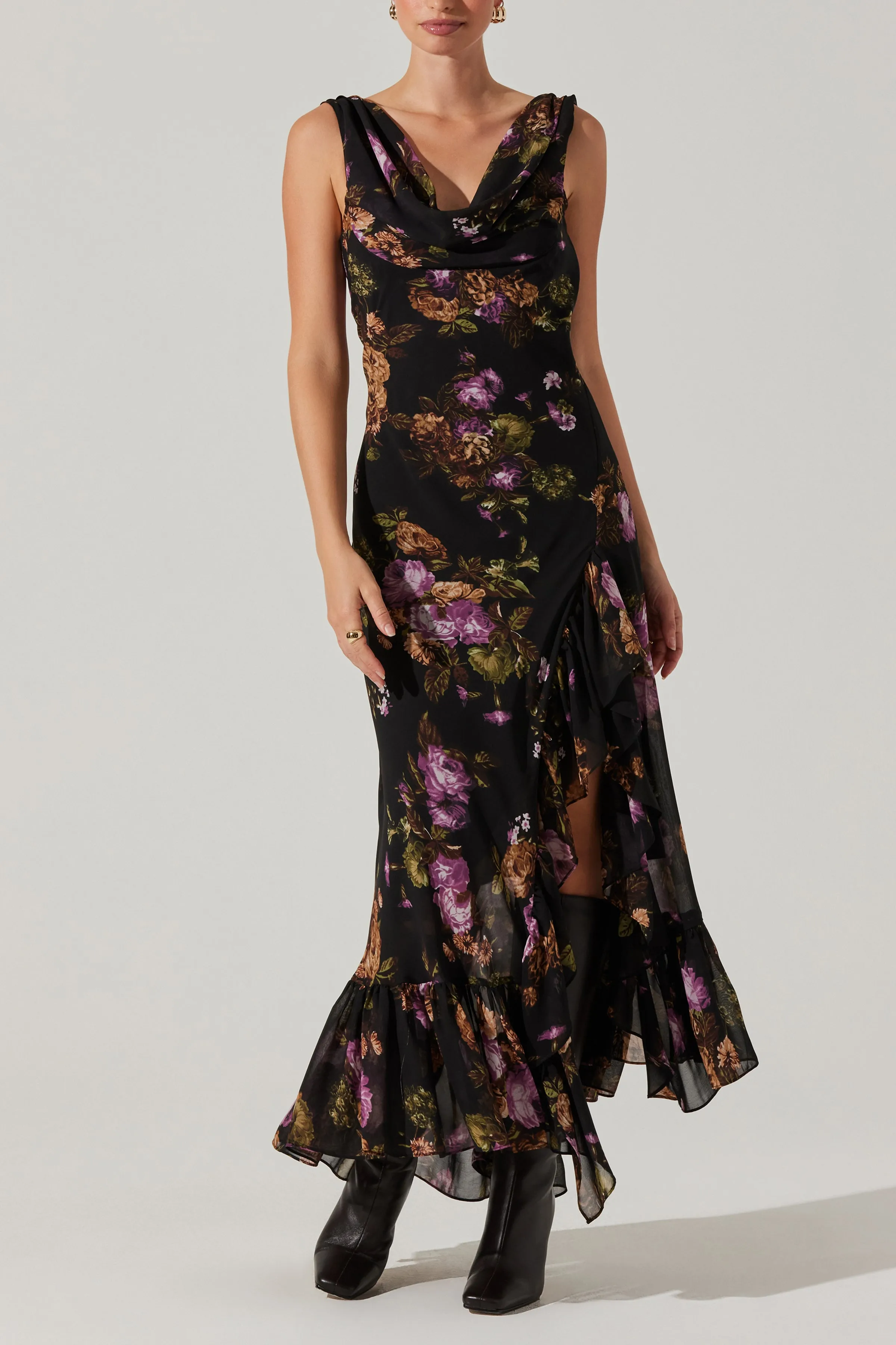 Comfortable and Flattering Fall Mood Cecilia Dress Black purple floral
