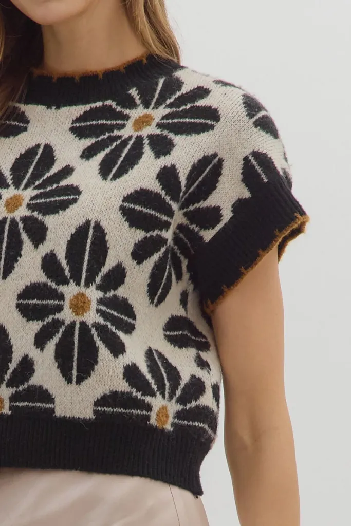 Versatile Layering StretchMaterial Celeste Floral Short Sleeve Sweater in Black