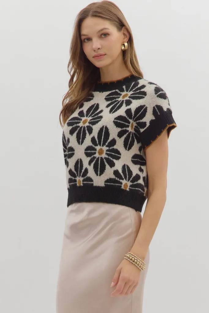 Celeste Floral Short Sleeve Sweater in Black UltraSoftInterior