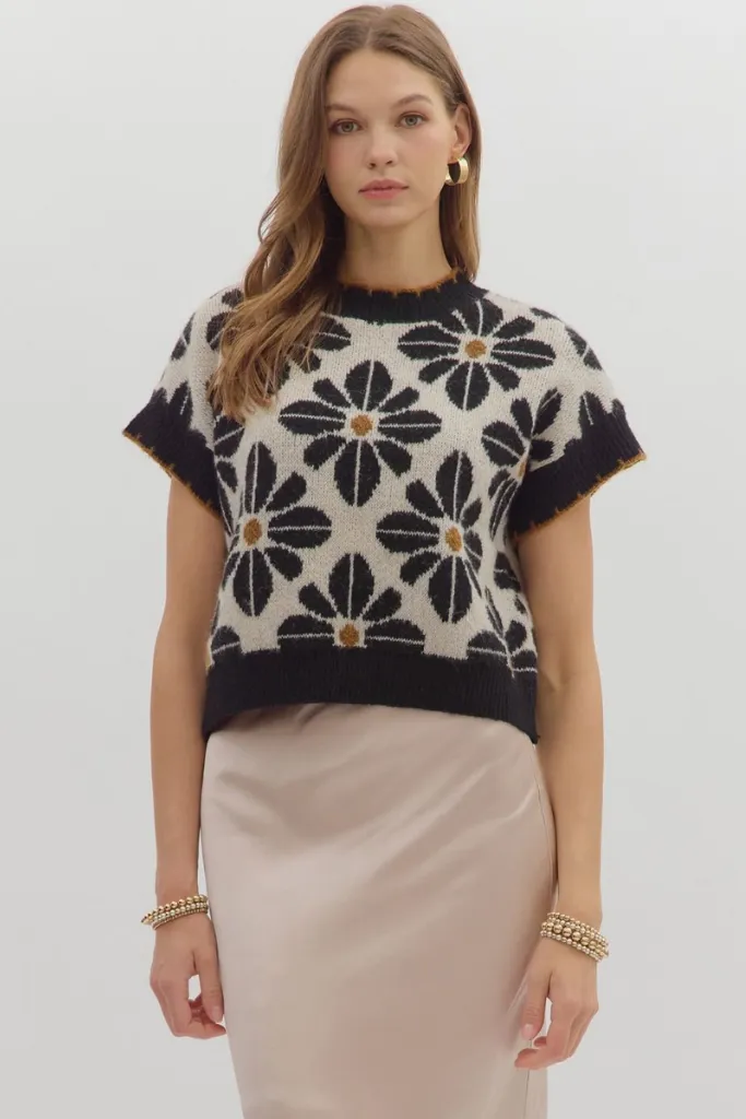 Celeste Floral Short Sleeve Sweater in Black Everyday Jacket