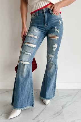 Hydrophobic Threadwork Zora Special A High Rise Distressed Tummy Control Flare Jeans (Medium)