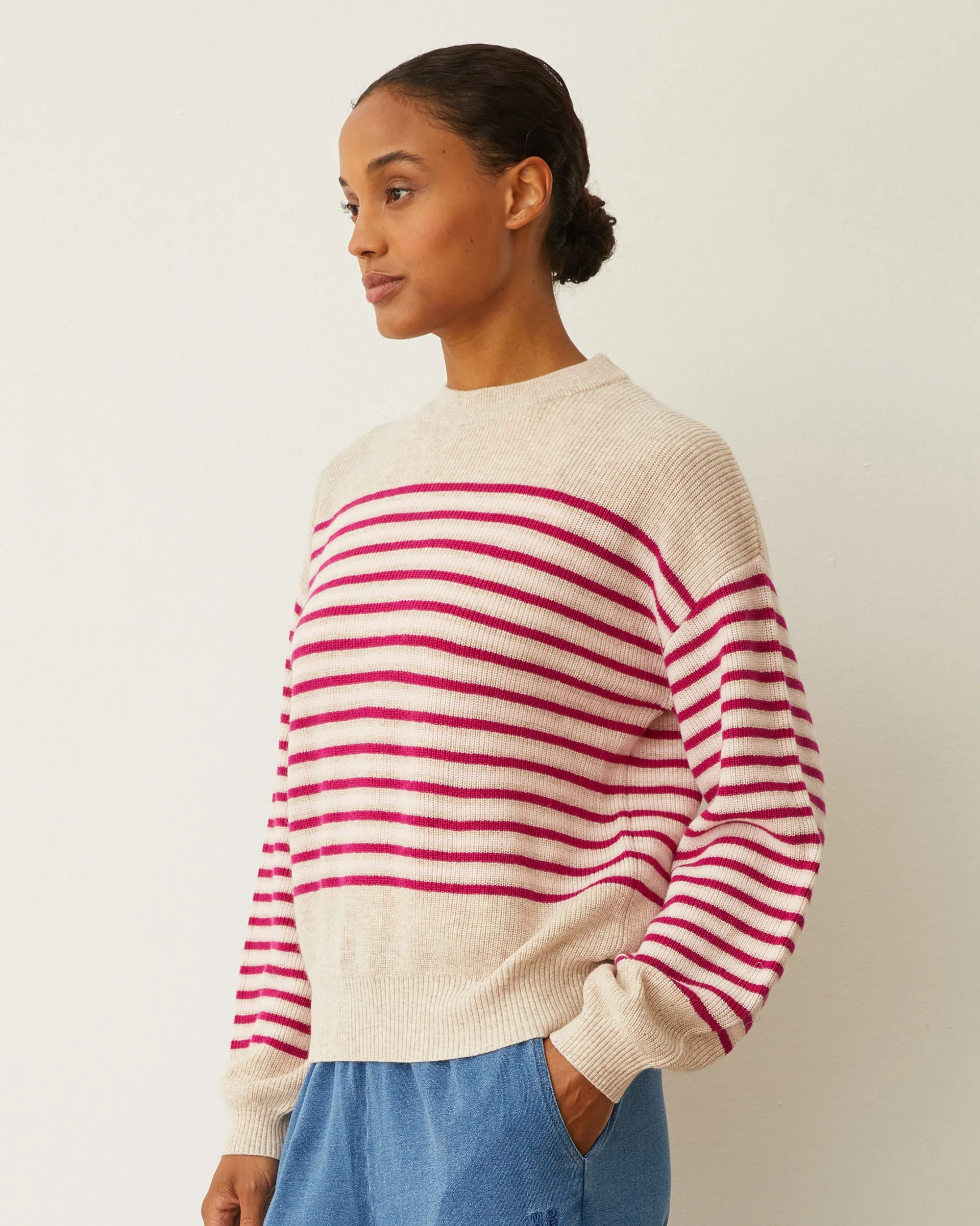 Wool Cashmere Stripe Sweater Ergonomic Shoulder Shape ElasticTrimming
