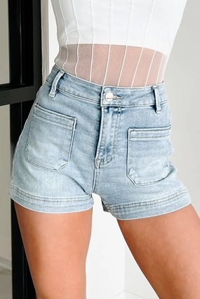 Charles High Rise Patch Pocket Risen Denim Shorts (Light) Butter Soft Handfeel Classic Cut