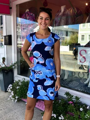Charleston Cap Sleeve Dress Peonies Navy Trend Smart