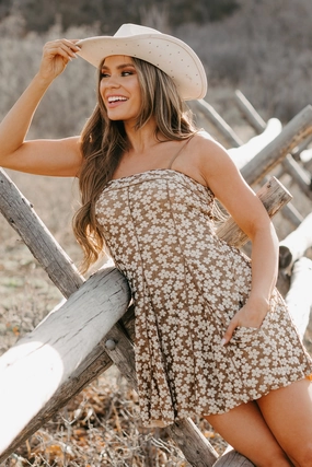 Charming Glow Sleeveless Floral Mini Dress (Taupe) Button-Cuff