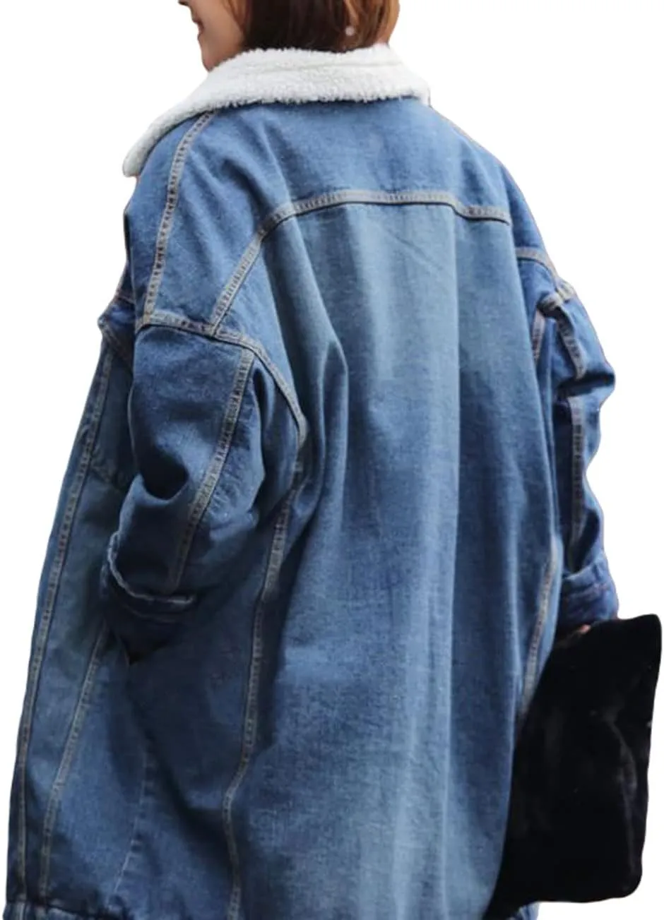 CHARTOU Women's Thick Fleece Lined Button Down Mid Long Quilted Denim Jacket Overcoat