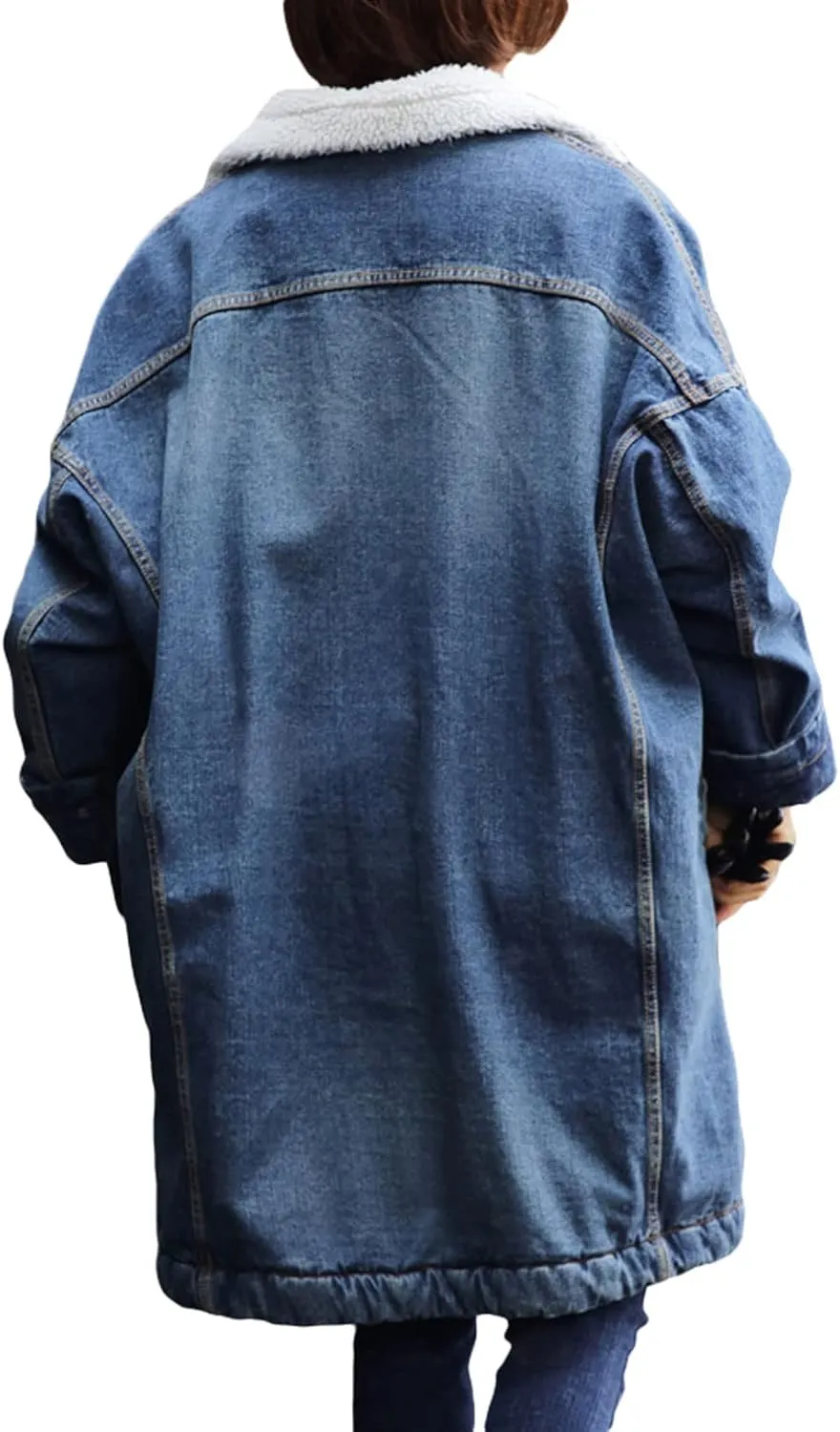 CHARTOU Women's Thick Fleece Lined Button Down Mid Long Quilted Denim Jacket Overcoat