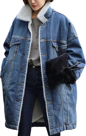 CHARTOU Women's Thick Fleece Lined Button Down Mid Long Quilted Denim Jacket Overcoat