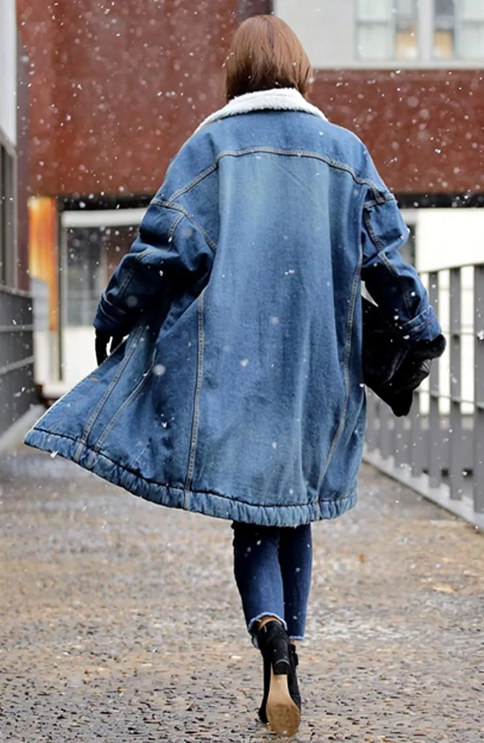 CHARTOU Women's Thick Fleece Lined Button Down Mid Long Quilted Denim Jacket Overcoat