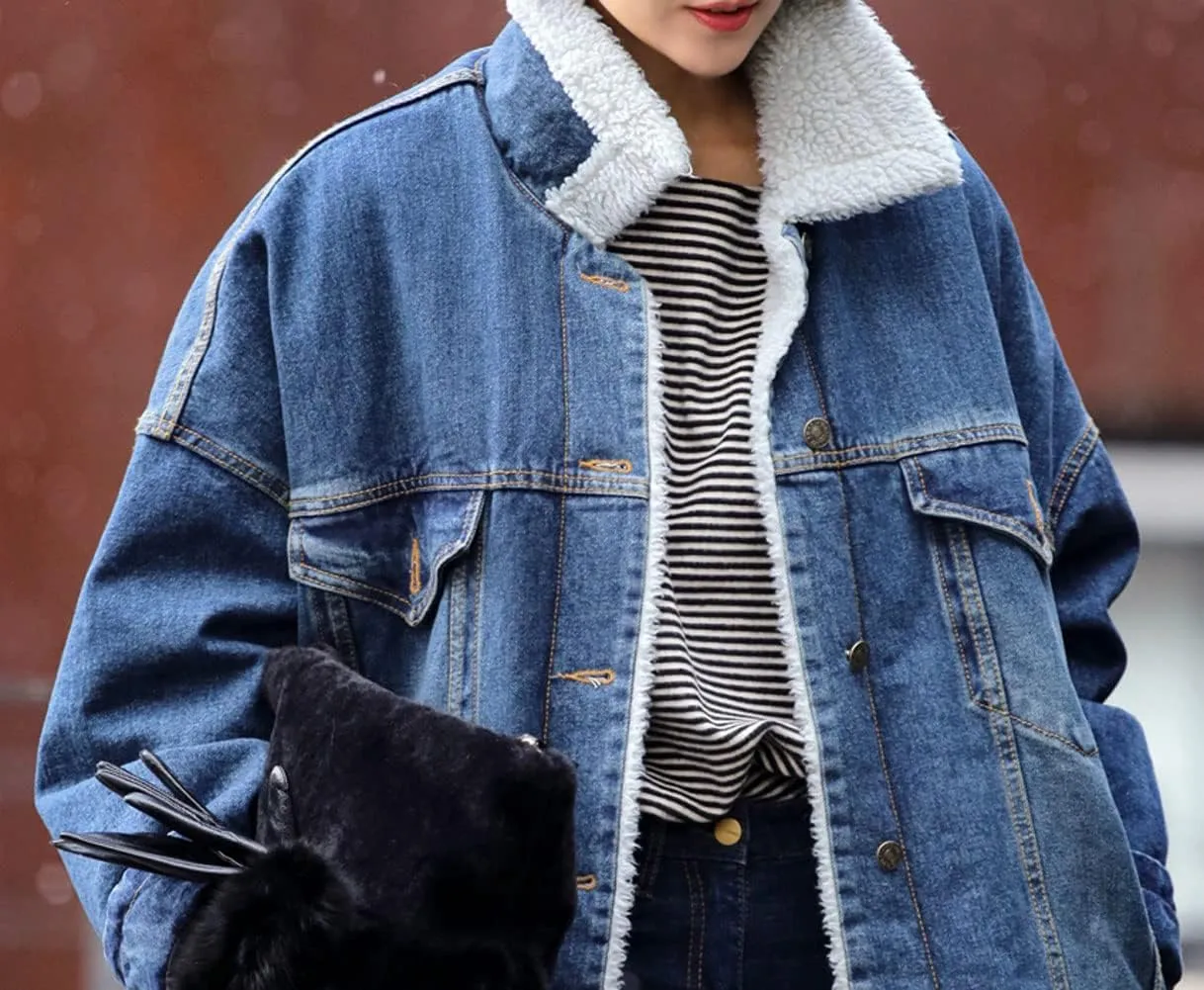 CHARTOU Women's Thick Fleece Lined Button Down Mid Long Quilted Denim Jacket Overcoat