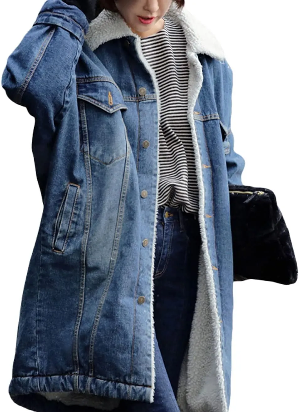 CHARTOU Women's Thick Fleece Lined Button Down Mid Long Quilted Denim Jacket Overcoat