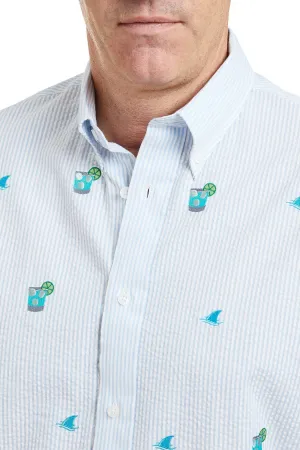 Chase Shirt Blue Seersucker with Fin & Tonic Rolled Hem Detailing FrictionFreeNeckline